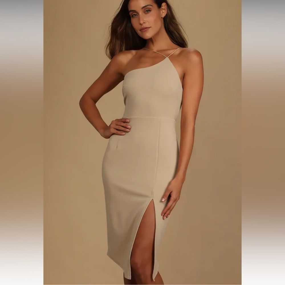 Lulus Happiest Hour Beige Asymmetrical Bodycon Midi Dres | size medium